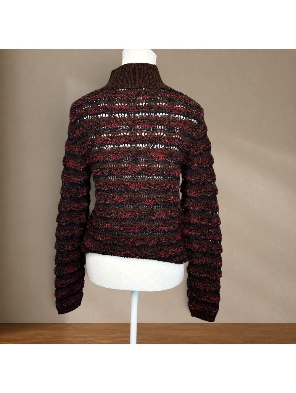 Vintage Pendleton Wool Mohair Open Knit Turtleneck Sweater Brown Burgundy Small